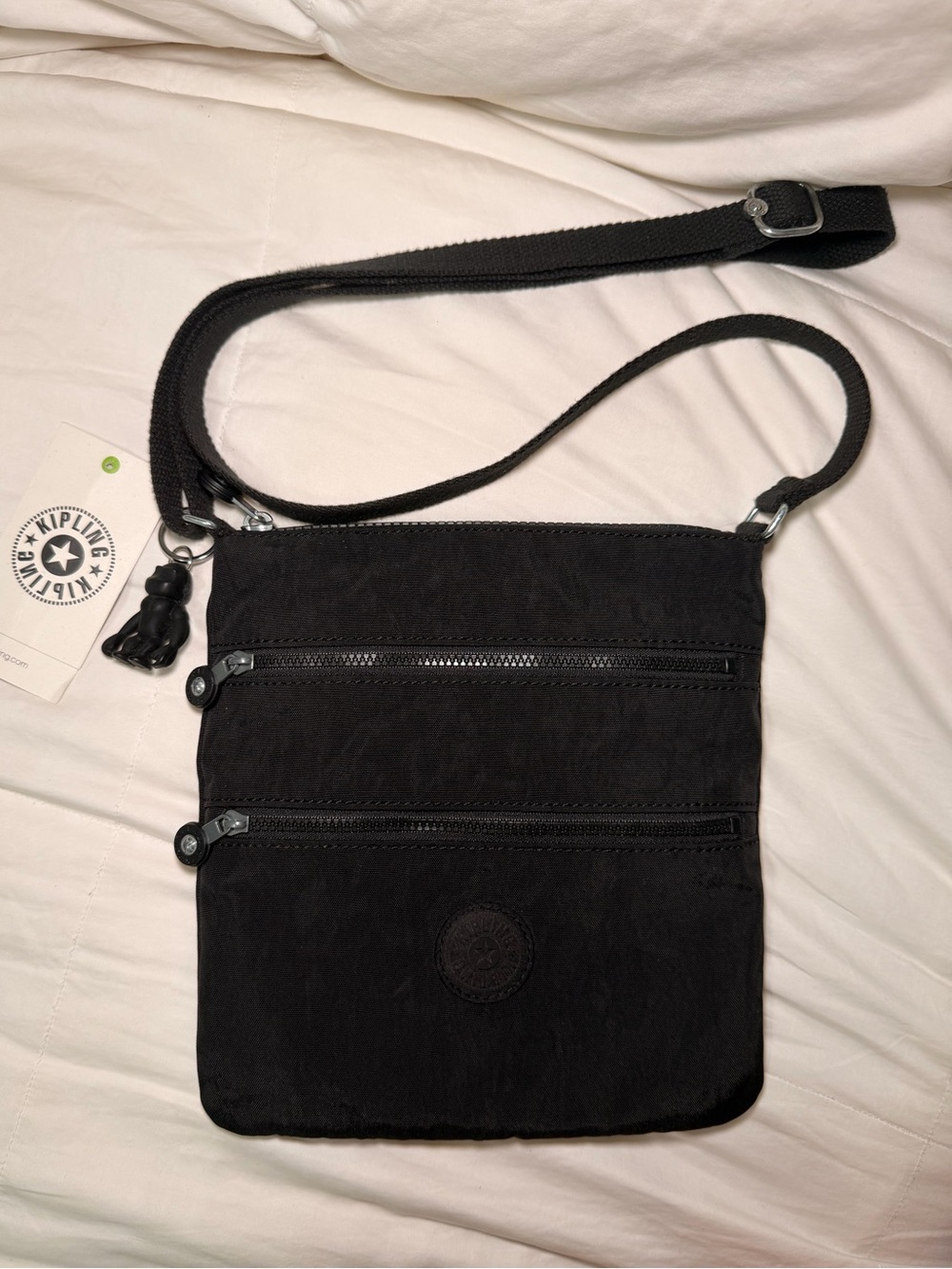 Kipling Black Nylon Crossbody Messenger Bag with Monkey Charm